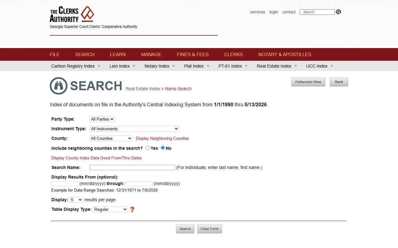Wheeler County Clerk of Superior Court GSCCCA real estate name search