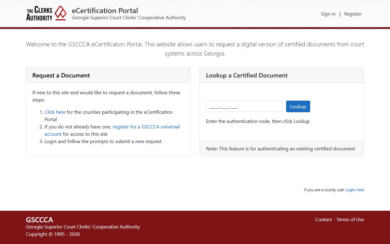 Wheeler County Clerk of Superior Court GSCCCA eCertification portal