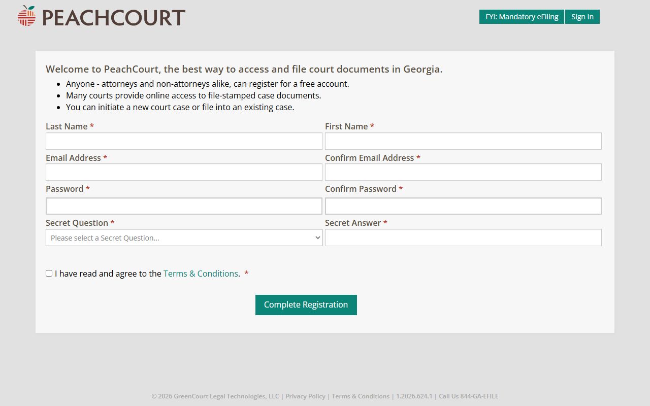 Wheeler County Clerk of Superior Court PeachCourt registration fields