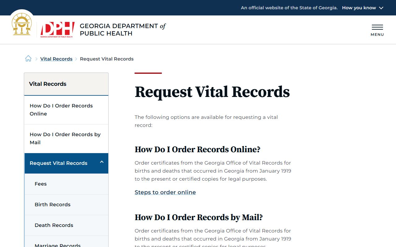 Georgia DPH ways to request vital records page