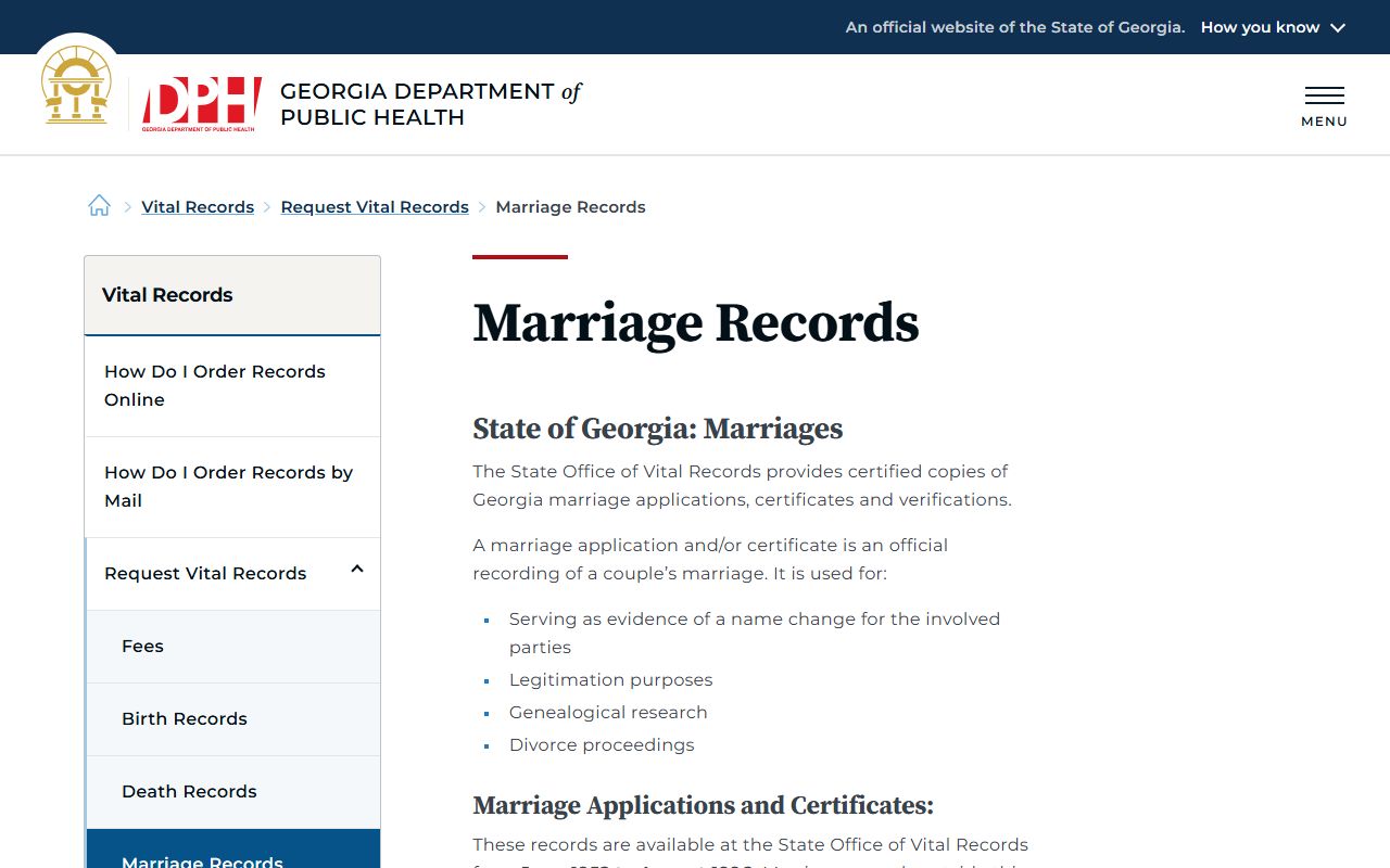 Georgia DPH marriage records request page