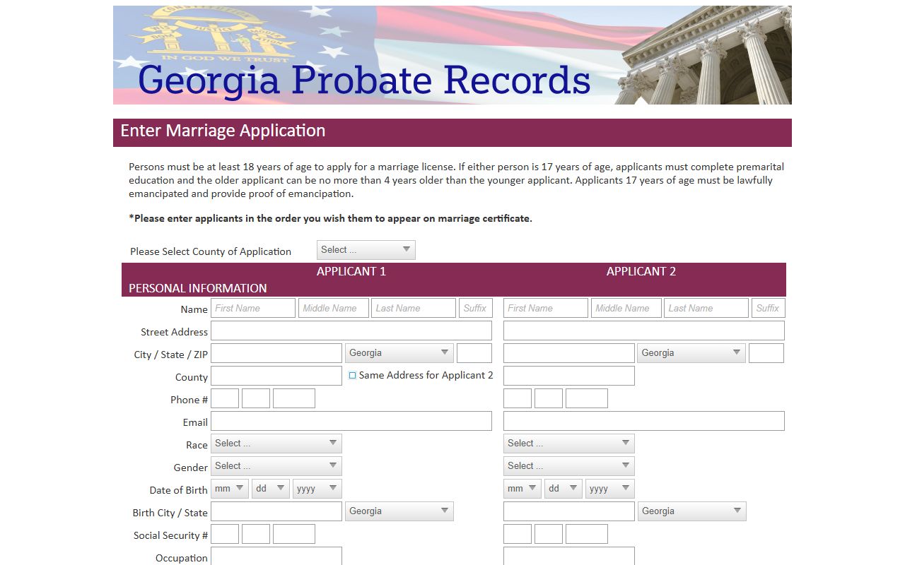 Georgia Probate Records marriage application portal for county selection
