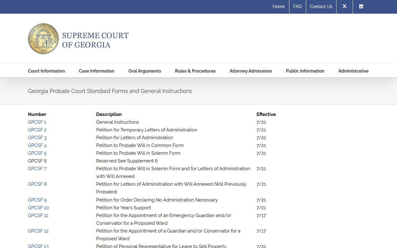 Supreme Court of Georgia probate standard forms page