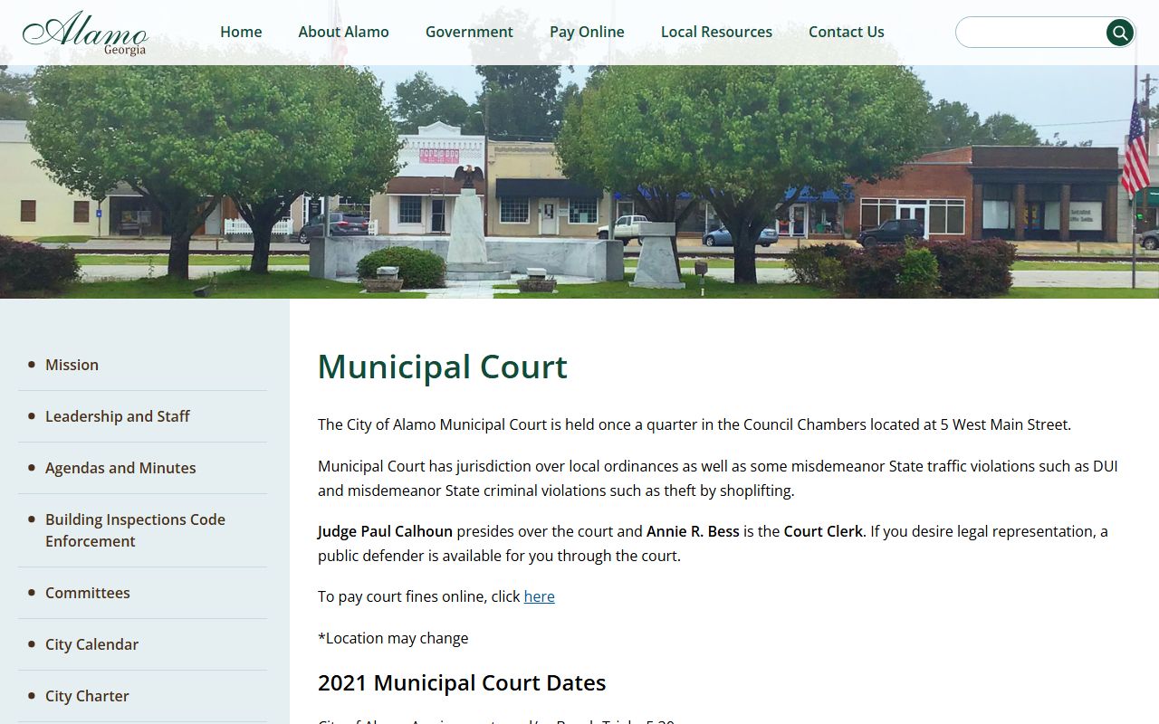 City of Alamo Municipal Court page for Wheeler County traffic cases