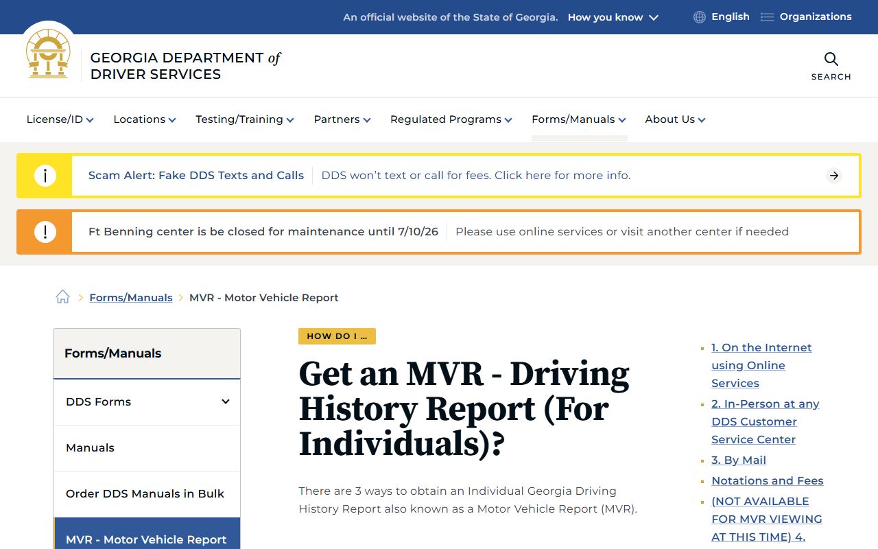 Georgia DDS Motor Vehicle Report driving history page