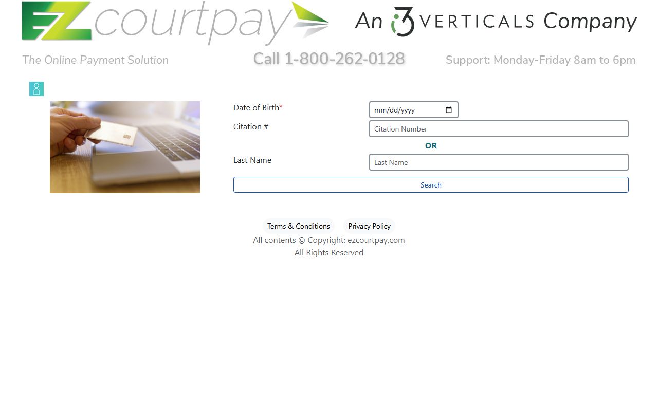 EZCourtPay citation search fields requiring date of birth and citation number or last name